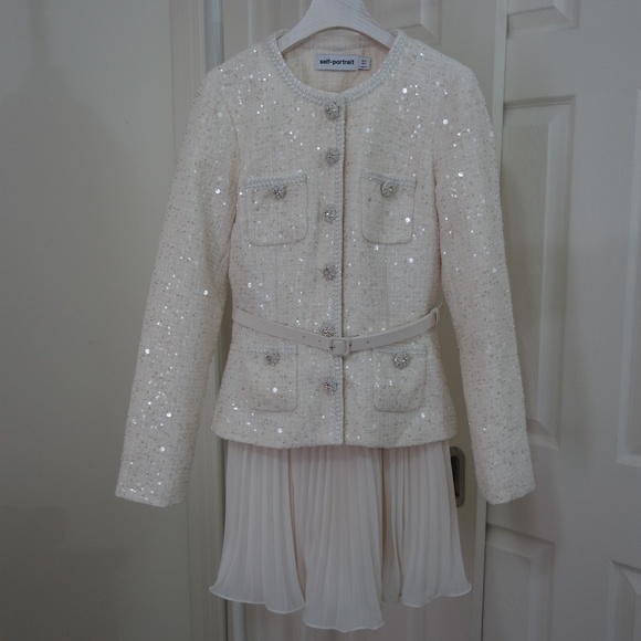 Self-Portrait CREAM SEQUIN BOUCLE TAILORED MINI DRESS - Picture 3 of 10
